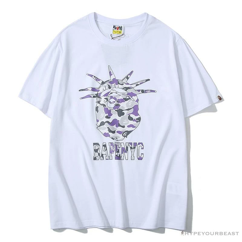 Clothes BAPE NYC New York Limited Purple Camouflage Ape Head Tee Shirt ‘WHITE’