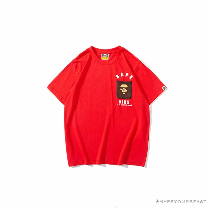 BAPE KIDS Small Net Pocket Ape Man Head Tee Shirt ‘RED’ Clothes