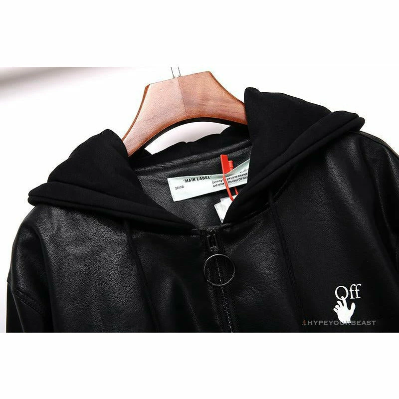 OFF-WHITE 20FW New Logo Hooded Leather Jacket Black Hoodies & Jackets