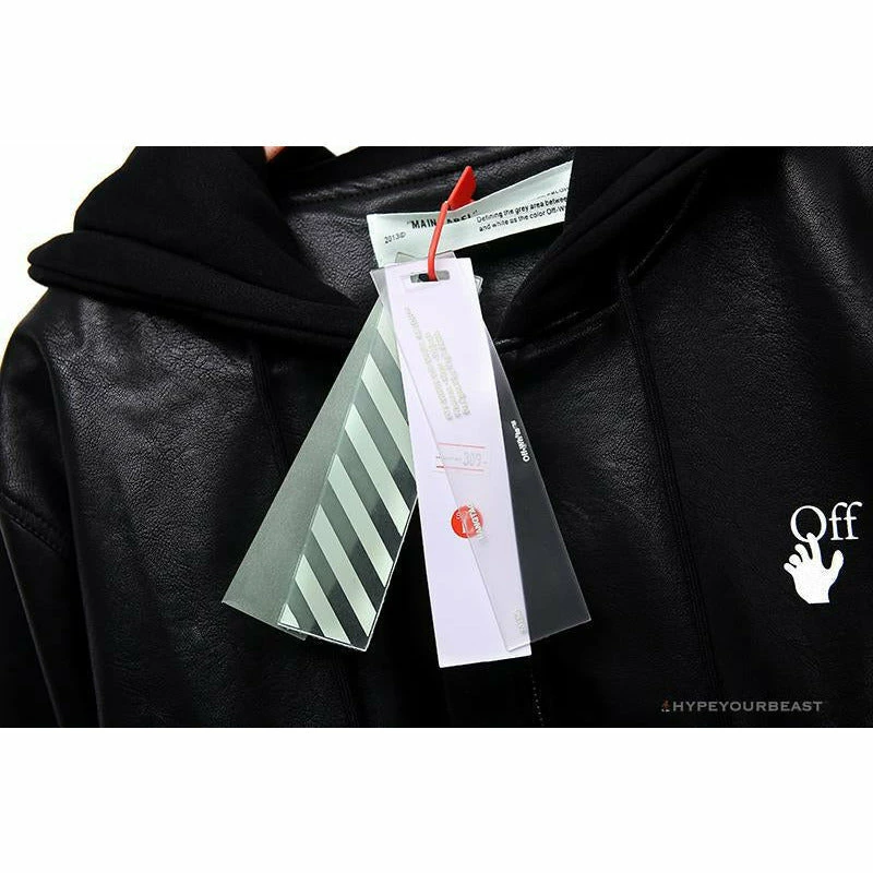 OFF-WHITE 20FW New Logo Hooded Leather Jacket Black Hoodies & Jackets