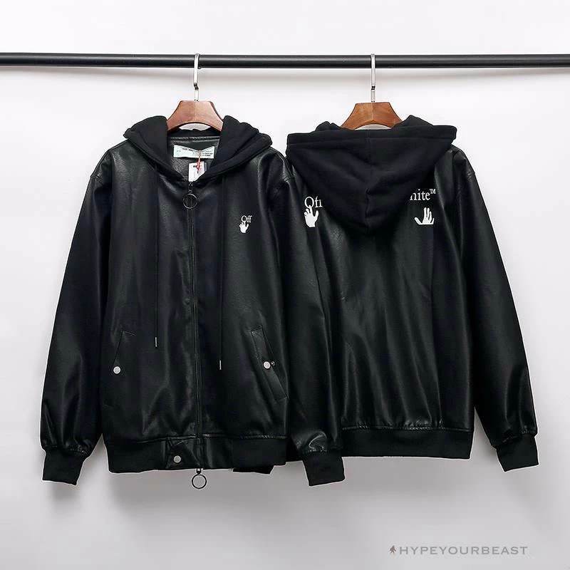 OFF-WHITE 20FW New Logo Hooded Leather Jacket Black Hoodies & Jackets