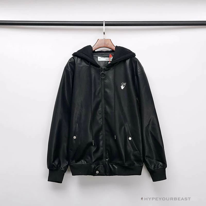 OFF-WHITE 20FW New Logo Hooded Leather Jacket Black Hoodies & Jackets