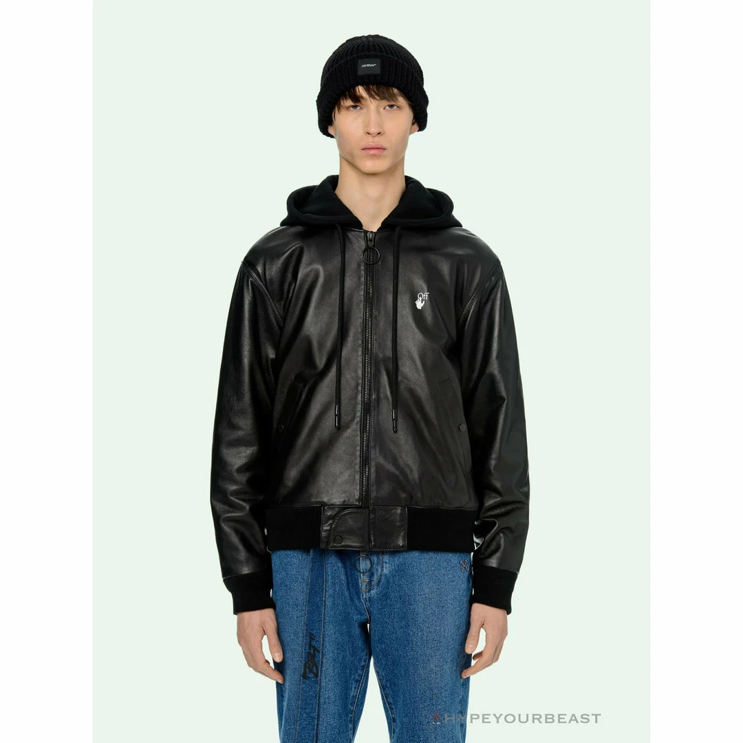 OFF-WHITE 20FW New Logo Hooded Leather Jacket Black Hoodies & Jackets