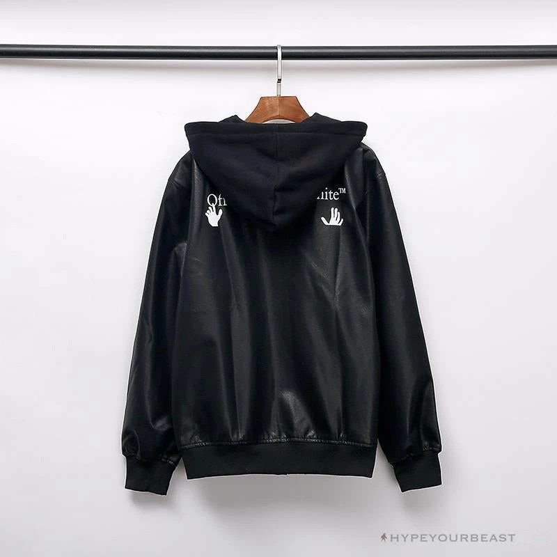 OFF-WHITE 20FW New Logo Hooded Leather Jacket Black Hoodies & Jackets