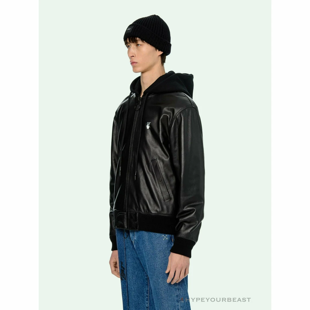 OFF-WHITE 20FW New Logo Hooded Leather Jacket Black Hoodies & Jackets