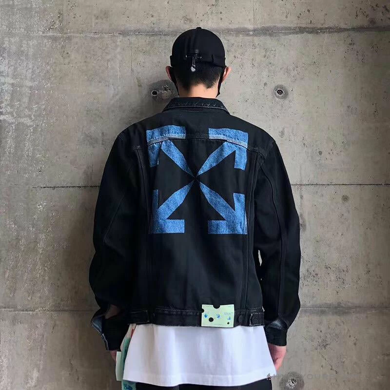 OFF-WHITE Autumn And Winter New ️Back Blue Arrow Wash Denim Jacket Hoodies & Jackets