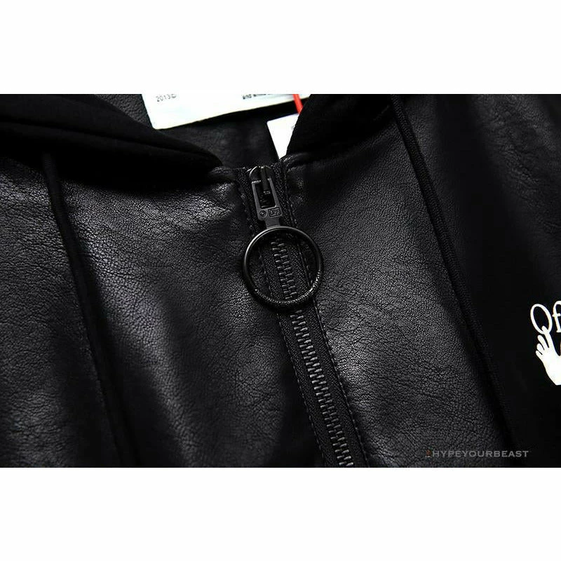 OFF-WHITE 20FW New Logo Hooded Leather Jacket Black Hoodies & Jackets