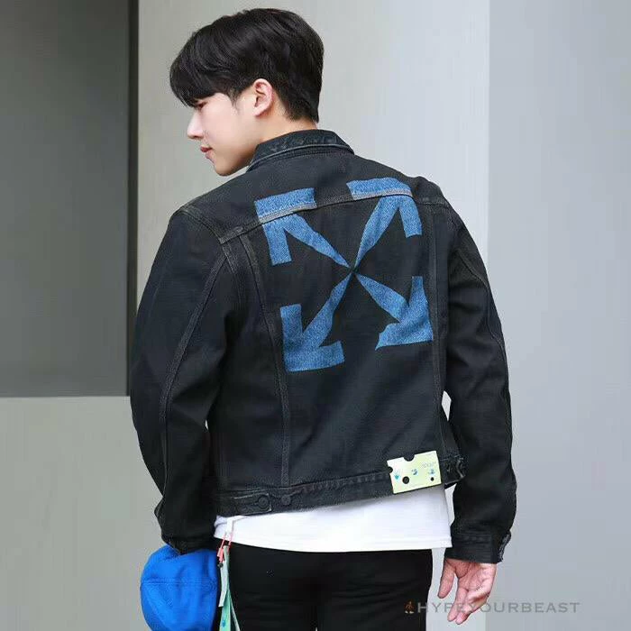 OFF-WHITE Autumn And Winter New ️Back Blue Arrow Wash Denim Jacket Hoodies & Jackets