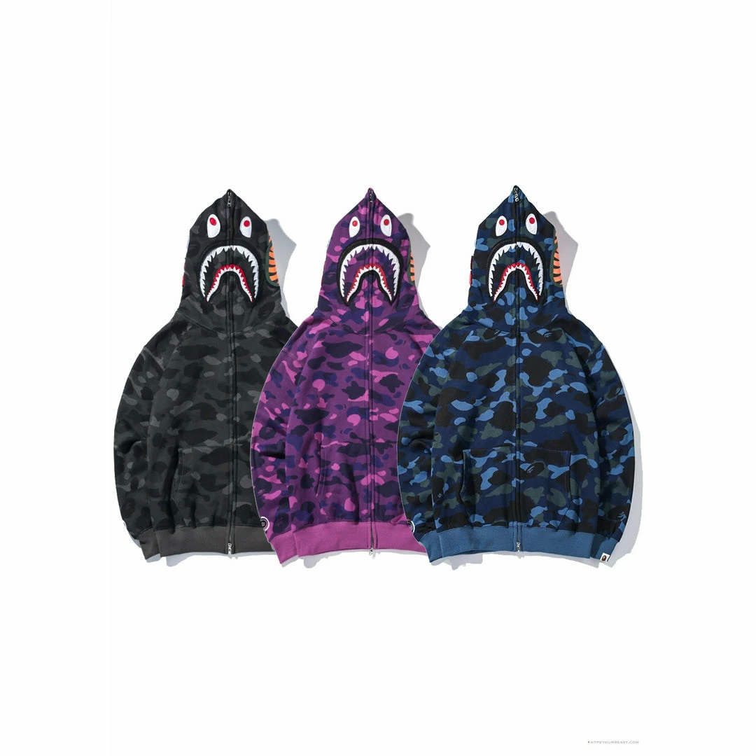 BAPE Shark Head Classic Embroidered Camouflage Zip-Up Hoodie ‘GREY’ Clothes