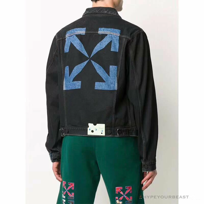 OFF-WHITE Autumn And Winter New ️Back Blue Arrow Wash Denim Jacket Hoodies & Jackets