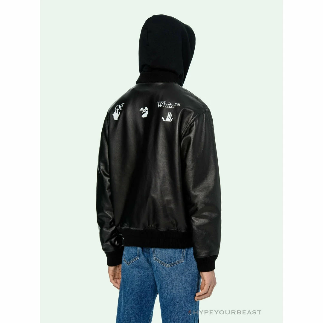 OFF-WHITE 20FW New Logo Hooded Leather Jacket Black Hoodies & Jackets