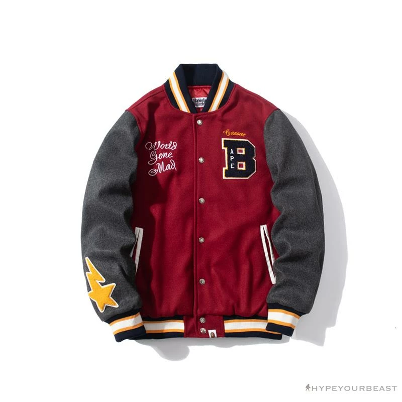 BAPE Embroidered STA Star Stitched Woolen Baseball Jacket ‘RED’