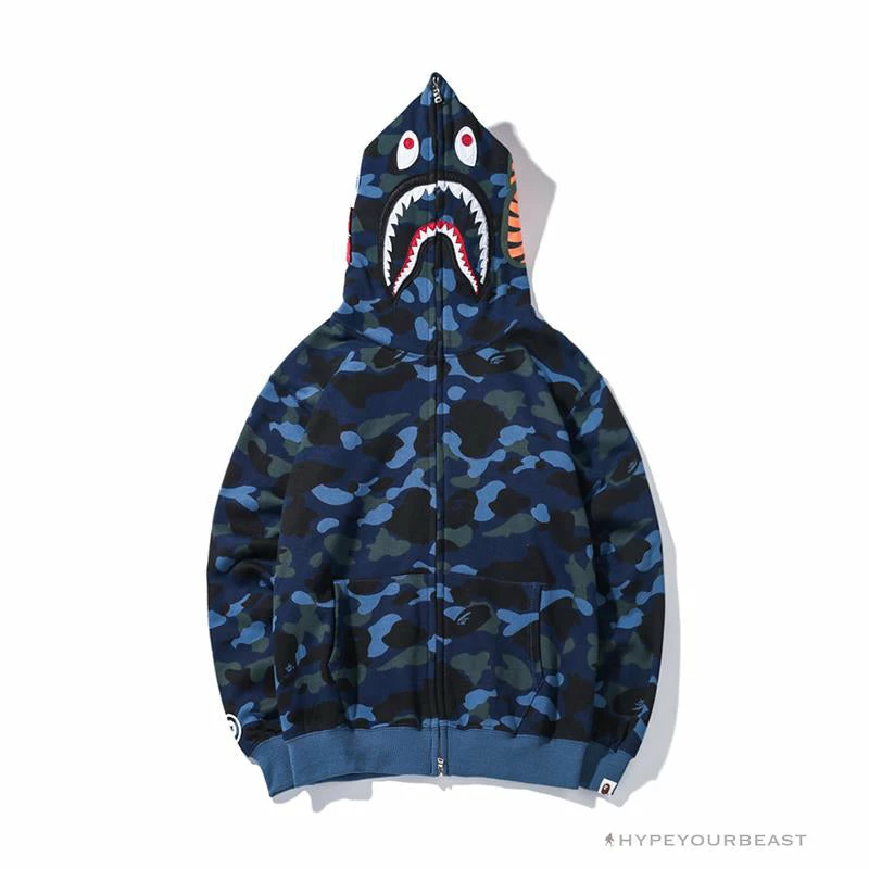 BAPE Shark Head Classic Embroidered Camouflage Zip-Up Hoodie ‘BLUE’