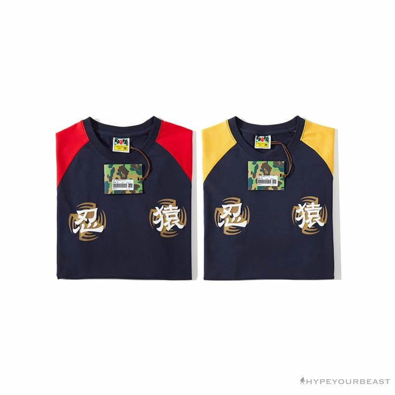 Clothes BAPE Japanese Ninja Ape Man Raglan Sleeve Color Block Tee Shirt ‘RED’