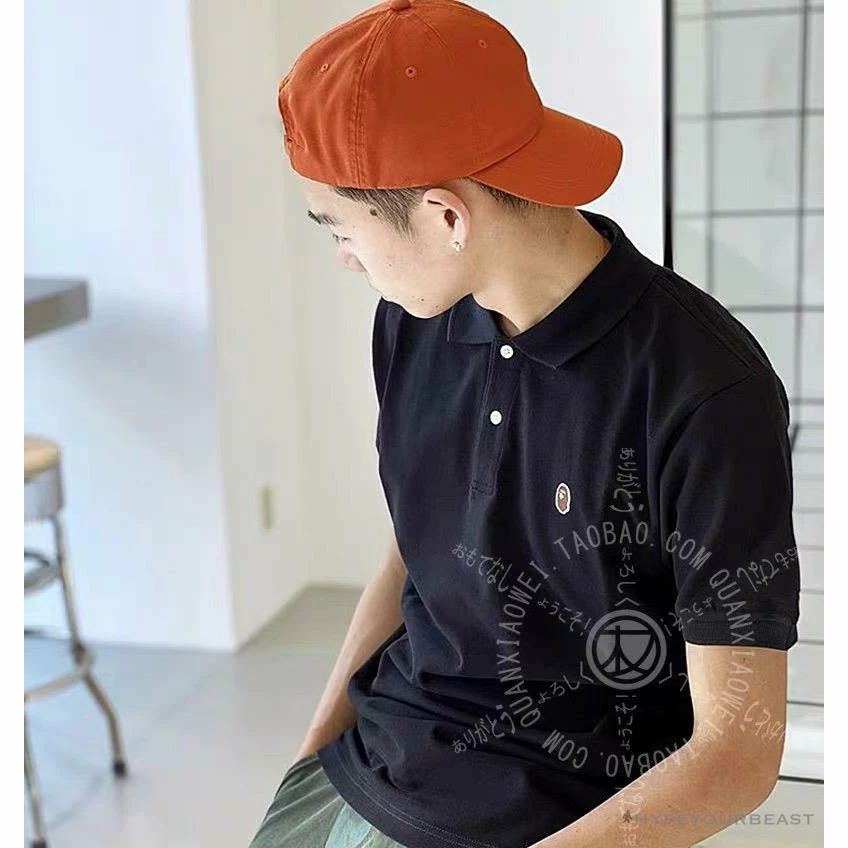 BAPE Solid Color Versatile Embroidered Ape Head Small Badge Polo Shirt ‘BLACK’ Clothes