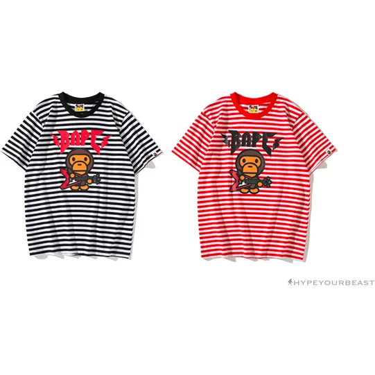 BAPE Baby Milo Rock Bass Player Striped Tee Shirt ‘RED’ Clothes